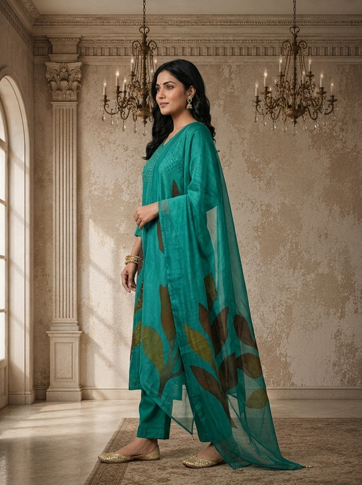 Green Silk Abstract Leaf Printed Three Piece Set
