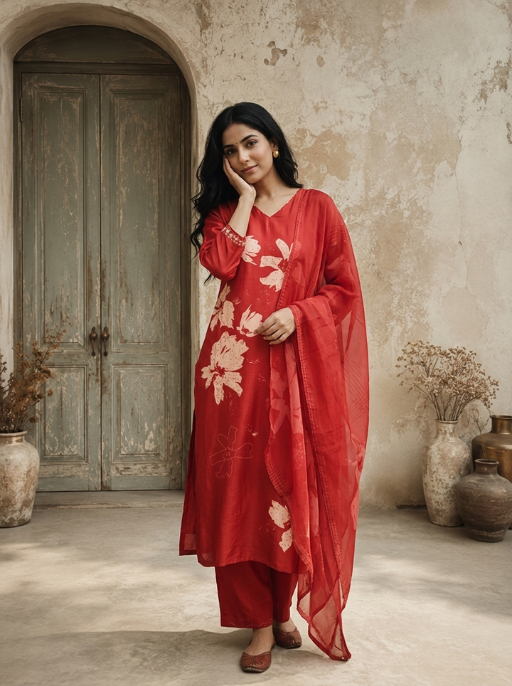 Maroon Silk Abstract Floral Printed Three Piece Set