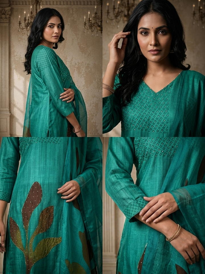 Green Silk Abstract Leaf Printed Three Piece Set