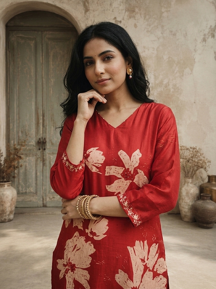 Maroon Silk Abstract Floral Printed Three Piece Set