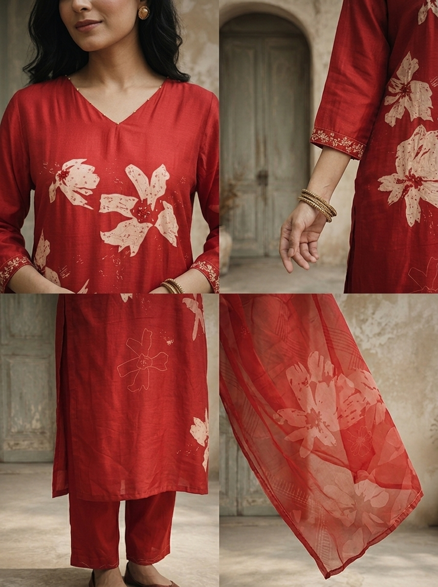 Maroon Silk Abstract Floral Printed Three Piece Set
