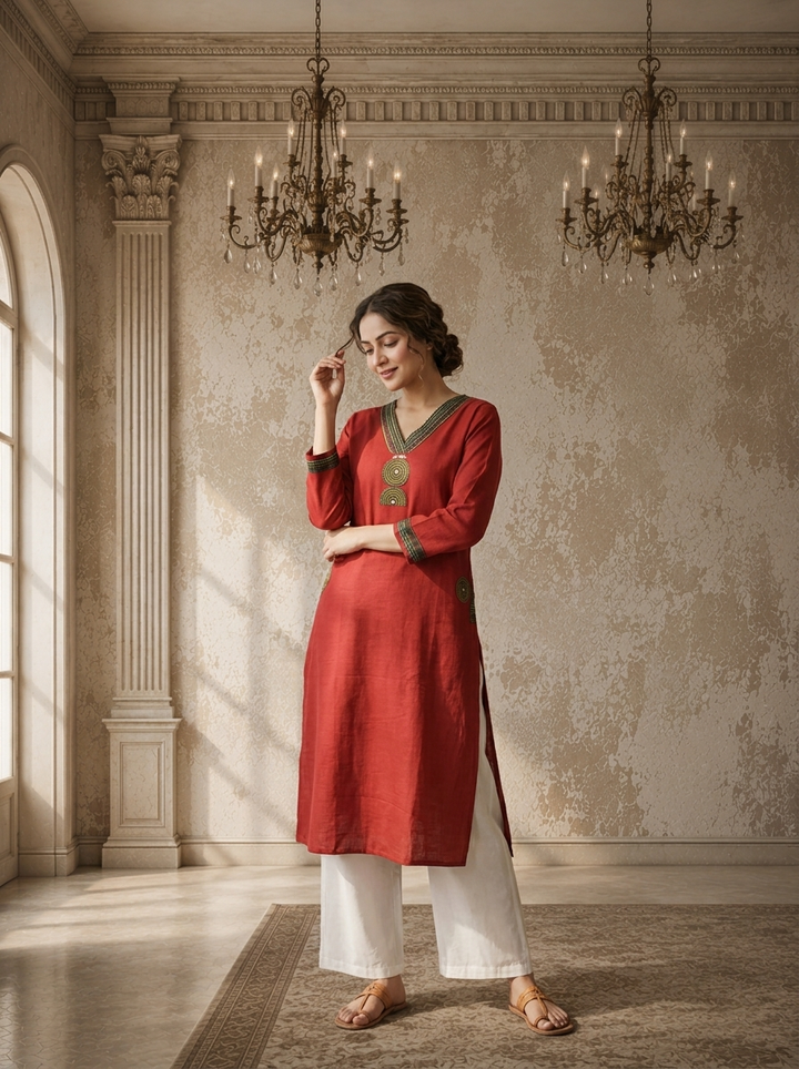 Maroon Cotton Circular Printed Kurta