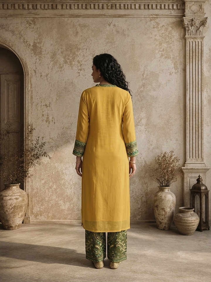Mustard Georgette Ethnic Motif Printed Three Piece Set