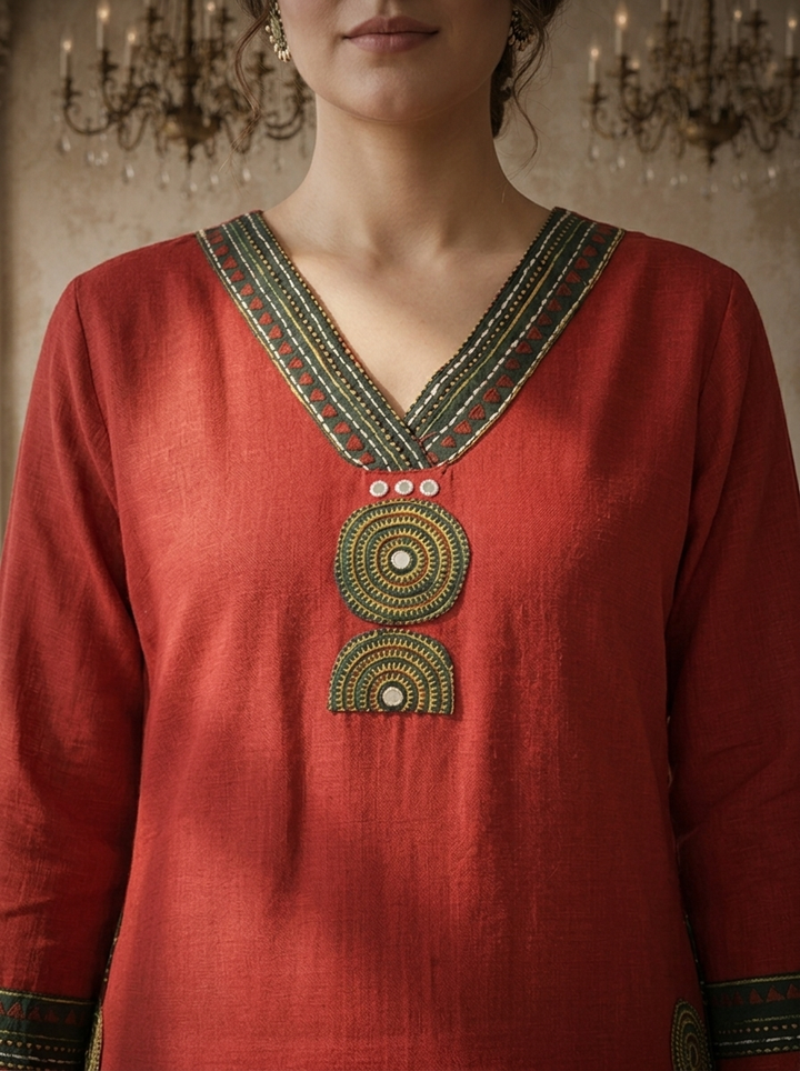 Maroon Cotton Circular Printed Kurta