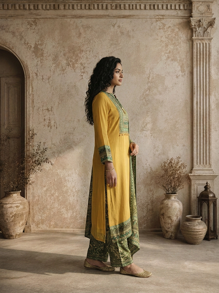 Mustard Georgette Ethnic Motif Printed Three Piece Set