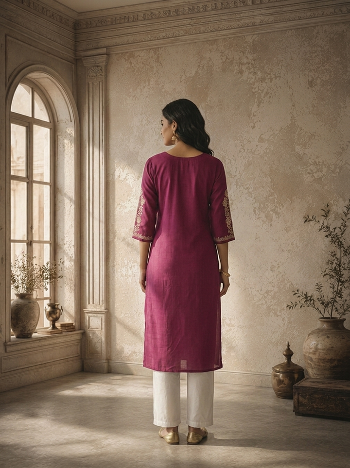 Wine Rayon Floral Thread Embroidered Kurta