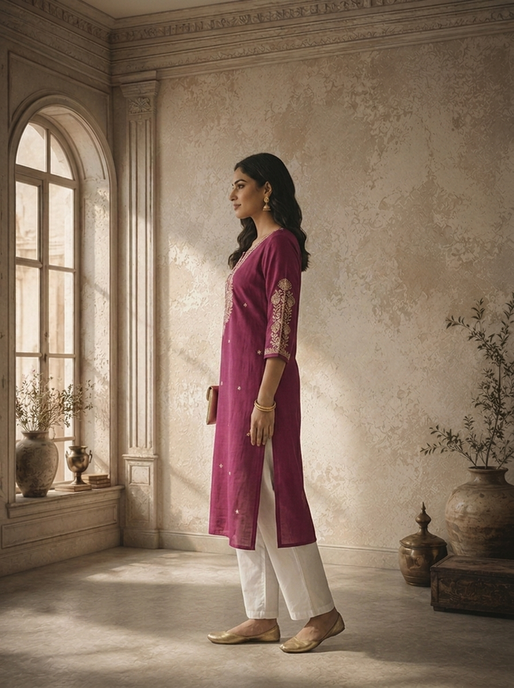 Wine Rayon Floral Thread Embroidered Kurta