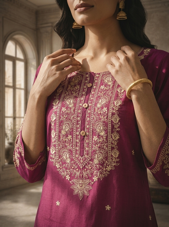 Wine Rayon Floral Thread Embroidered Kurta
