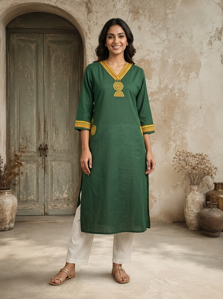 Green Cotton Circular Printed Kurta