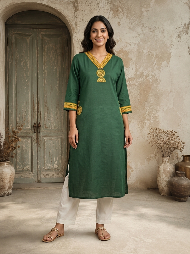Green Cotton Circular Printed Kurta