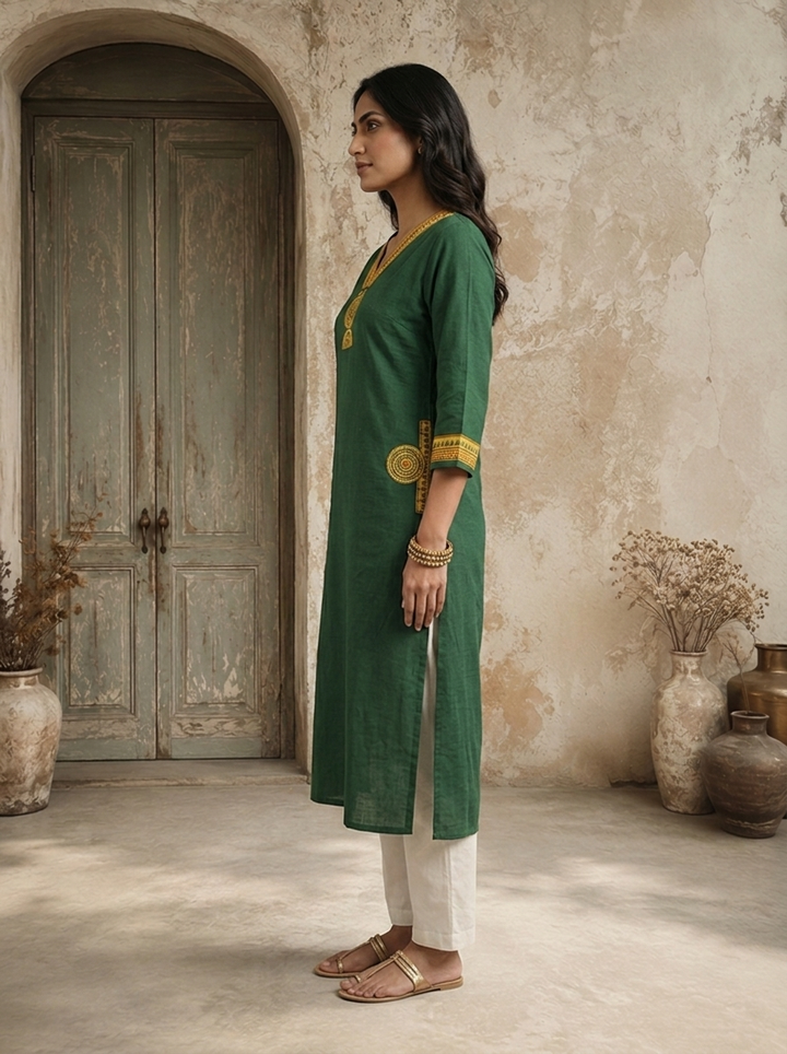 Green Cotton Circular Printed Kurta