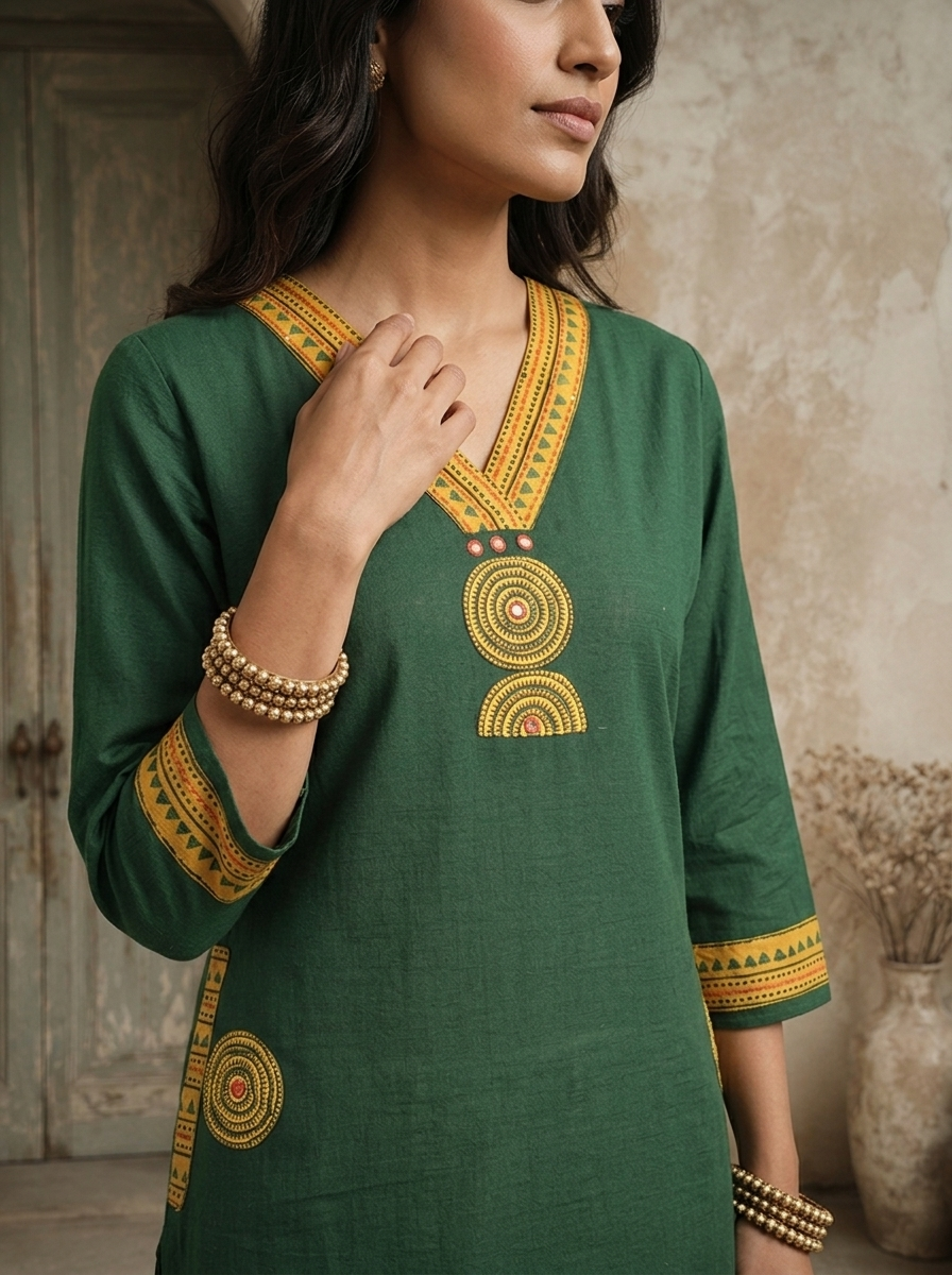 Green Cotton Circular Printed Kurta