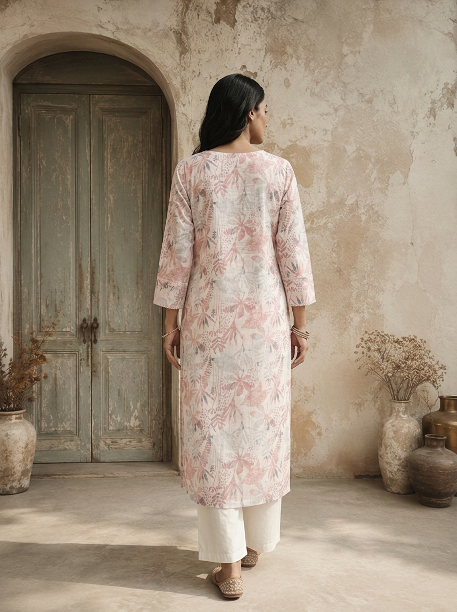Baby Pink Linen Tropical Leaf And Botanical Printed Kurta