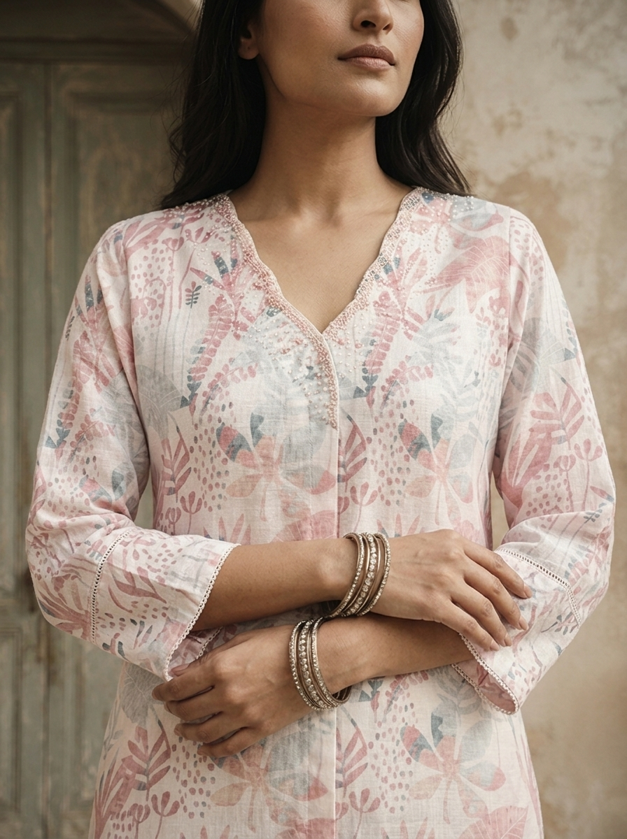 Baby Pink Linen Tropical Leaf And Botanical Printed Kurta