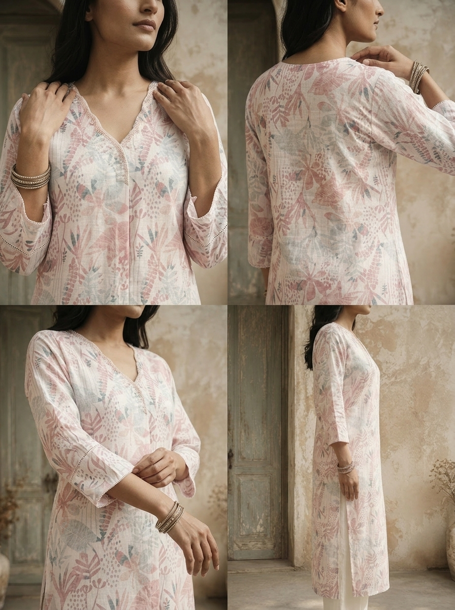 Baby Pink Linen Tropical Leaf And Botanical Printed Kurta