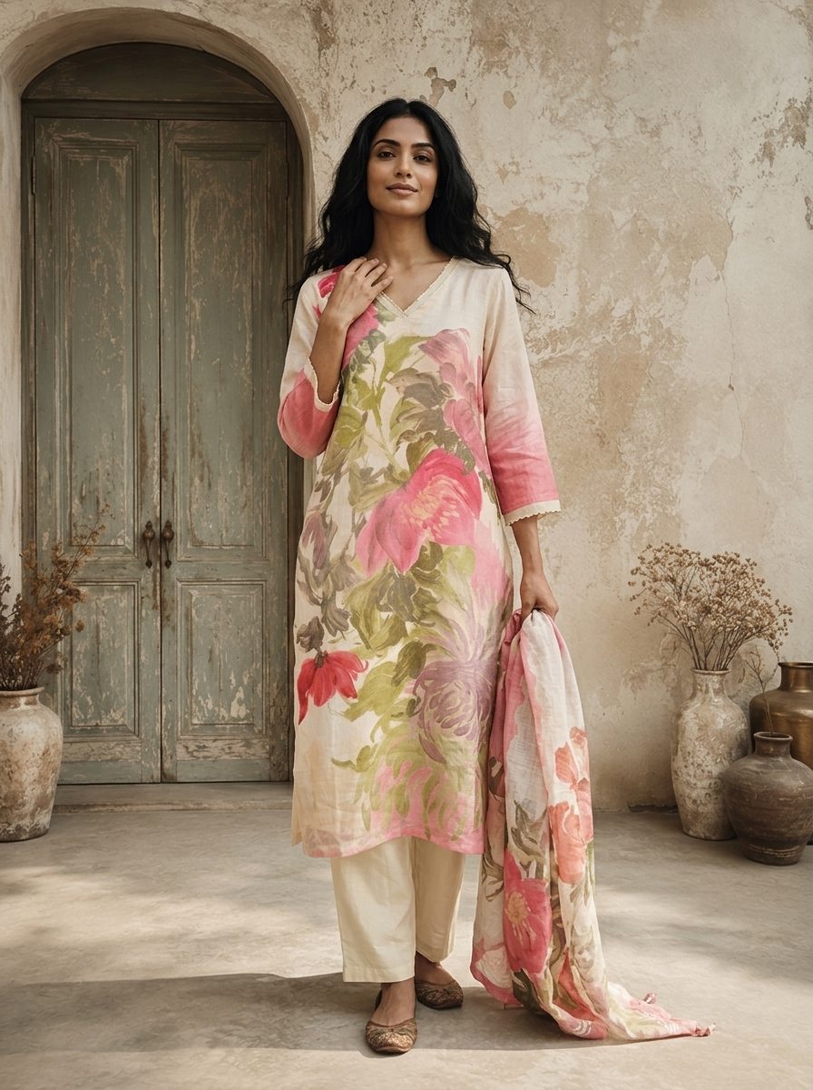 Cream Linen Watercolor Large Floral Printed Three Piece Set