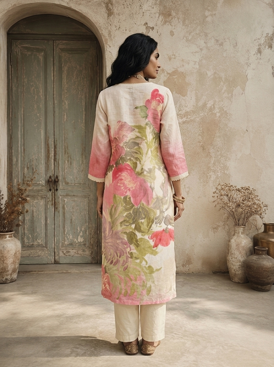 Cream Linen Watercolor Large Floral Printed Three Piece Set