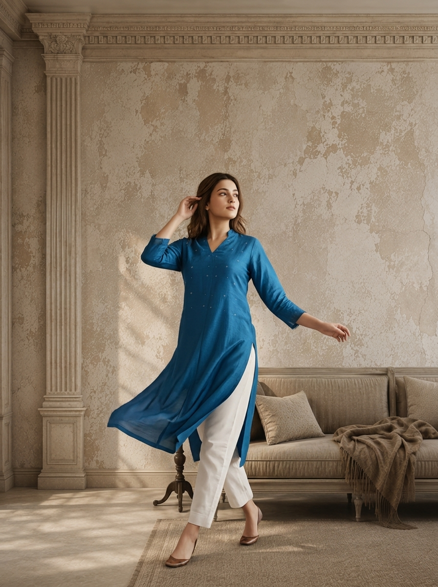 Teal Rayon Solid Angrakha Kurta With Mid Slit