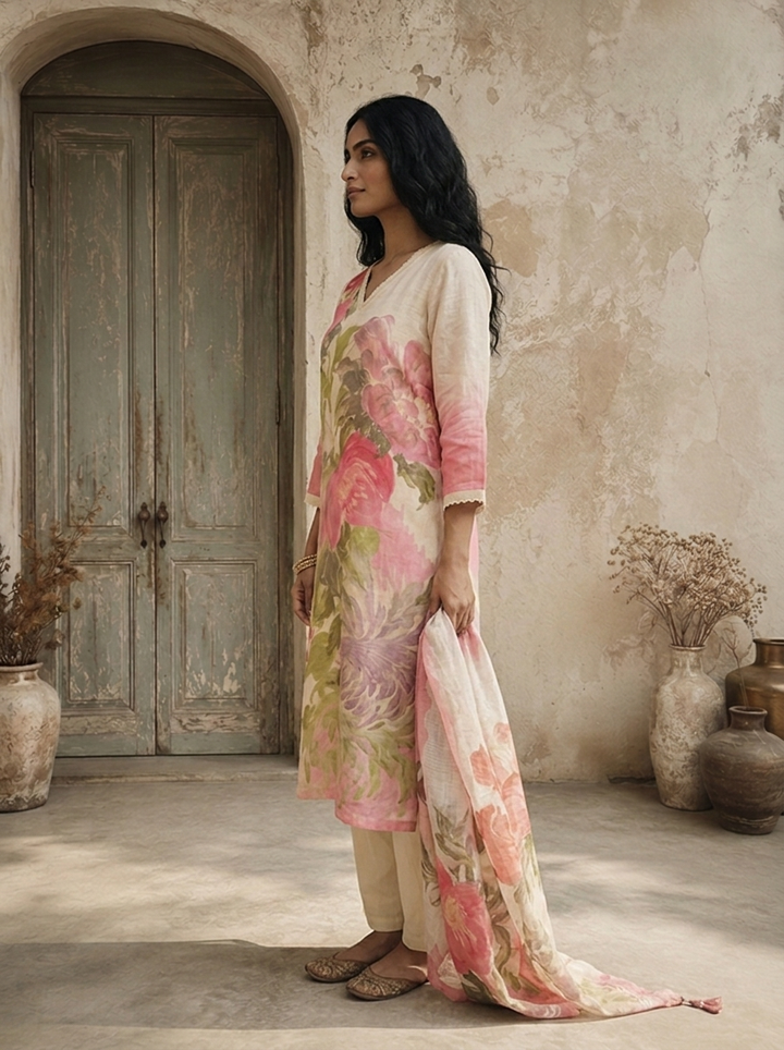 Cream Linen Watercolor Large Floral Printed Three Piece Set