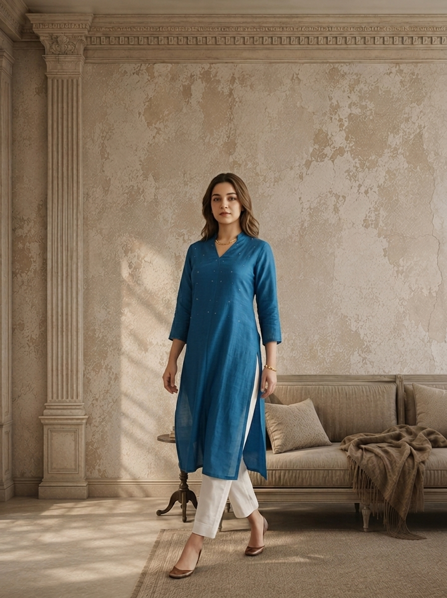 Teal Rayon Solid Angrakha Kurta With Mid Slit