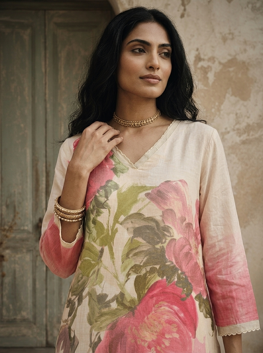 Cream Linen Watercolor Large Floral Printed Three Piece Set