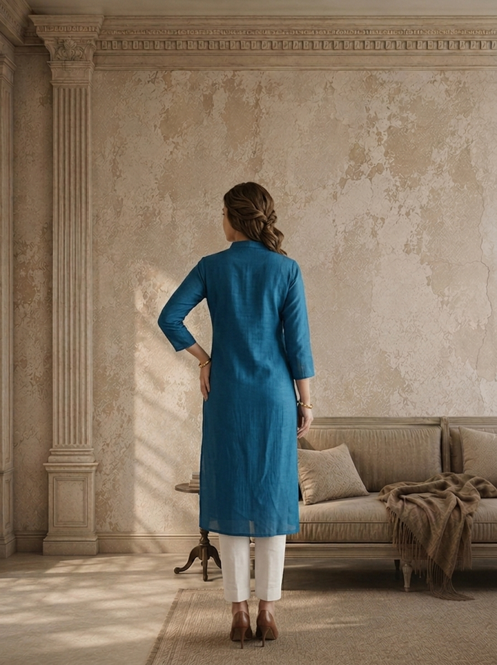 Teal Rayon Solid Angrakha Kurta With Mid Slit