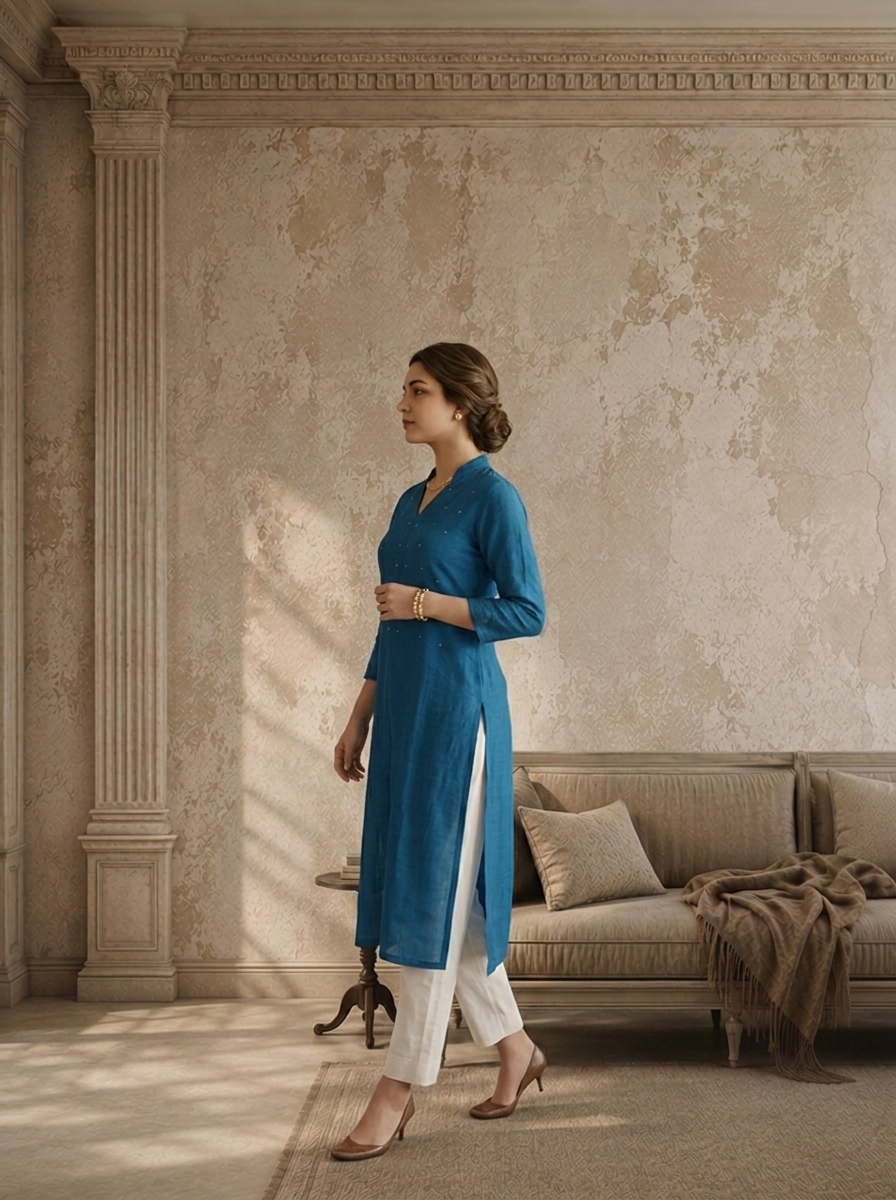 Teal Rayon Solid Angrakha Kurta With Mid Slit