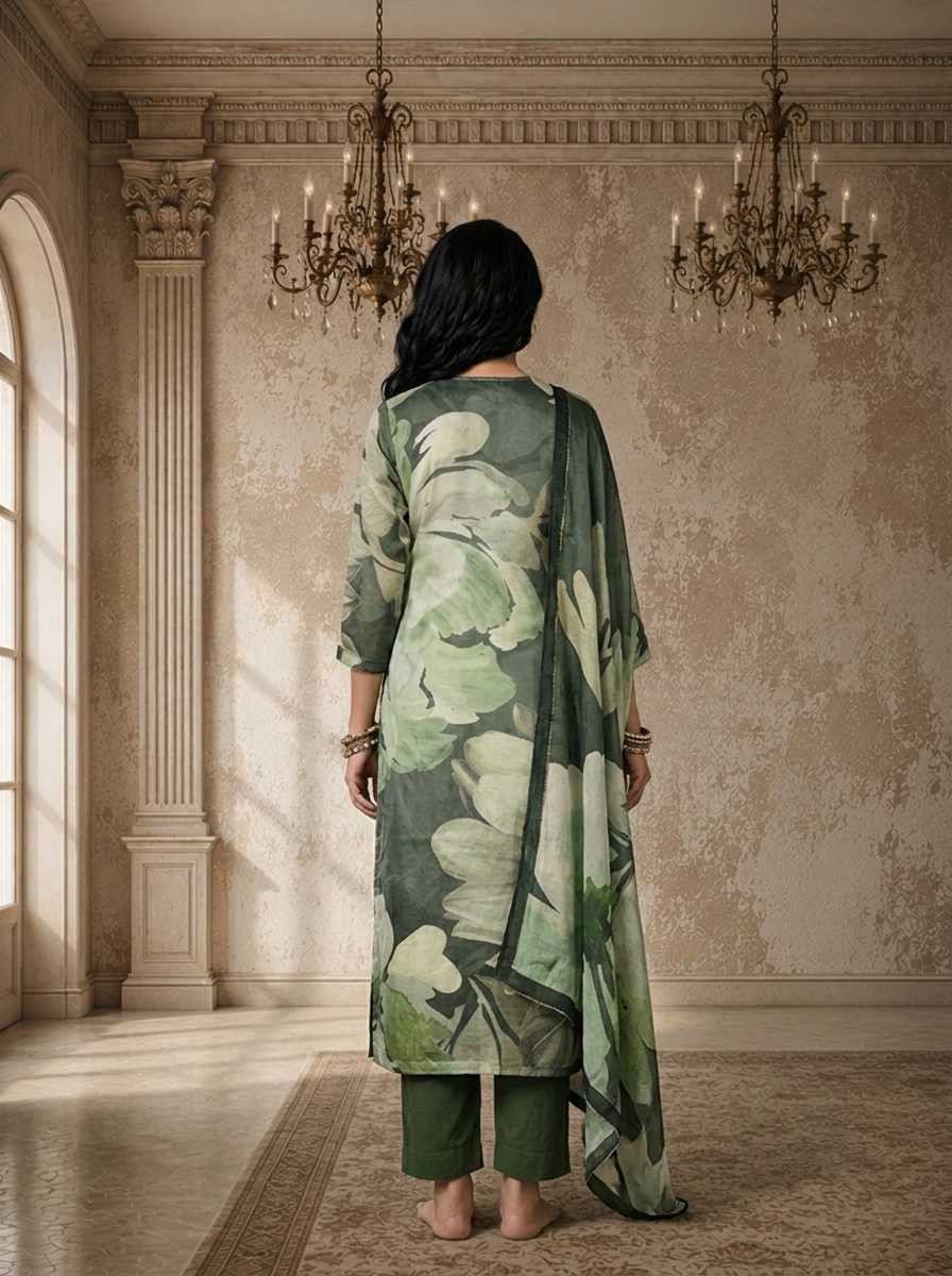 Olive Linen Watercolor Large Abstract Floral Printed Three Piece Set