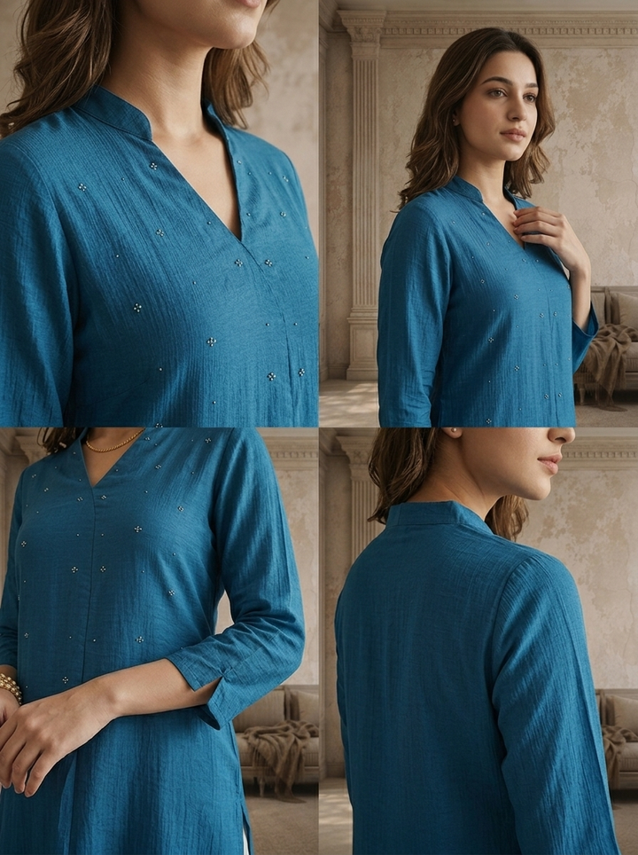Teal Rayon Solid Angrakha Kurta With Mid Slit