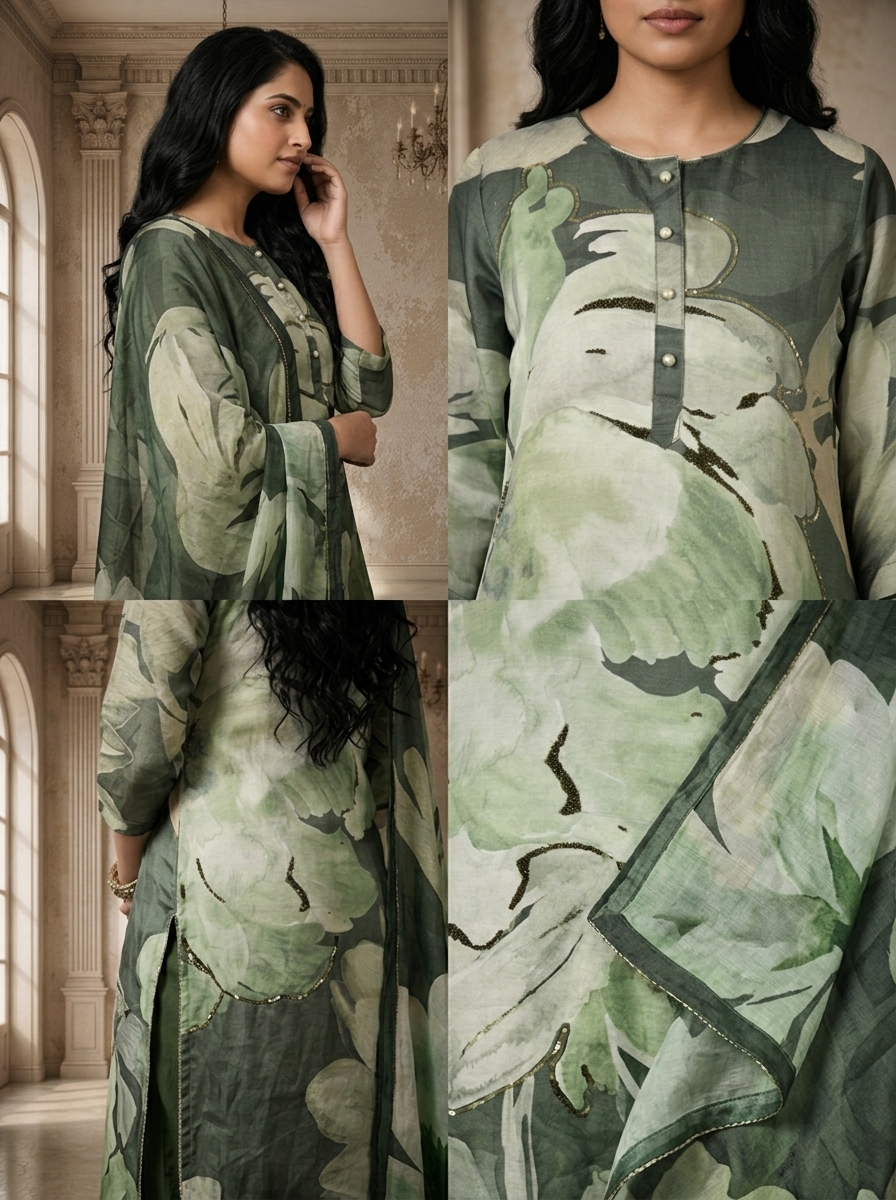 Olive Linen Watercolor Large Abstract Floral Printed Three Piece Set