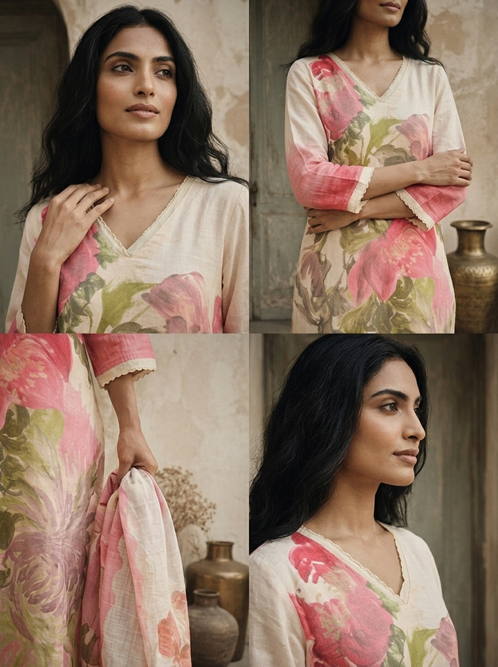 Cream Linen Watercolor Large Floral Printed Three Piece Set