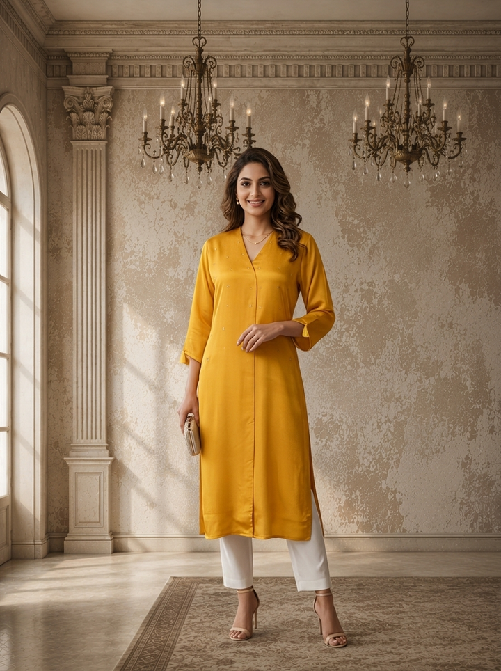 Mustard Rayon Solid Angrakha Kurta With Mid Slit