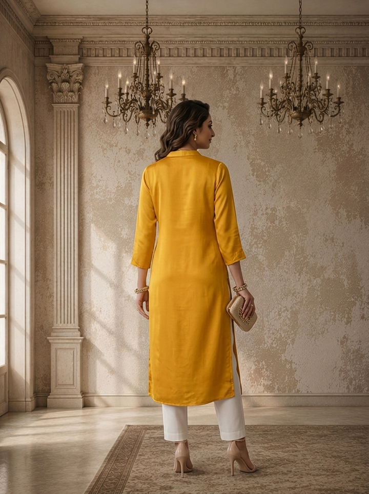 Mustard Rayon Solid Angrakha Kurta With Mid Slit