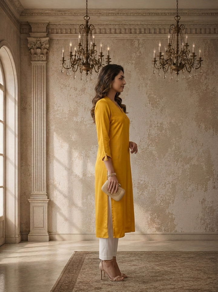 Mustard Rayon Solid Angrakha Kurta With Mid Slit