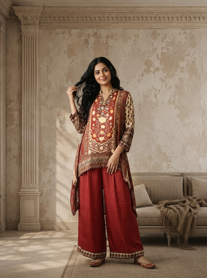 Brown Crepe Mughal Printed Two Piece Set
