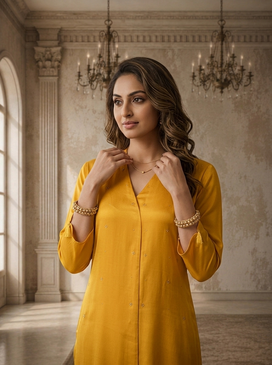 Mustard Rayon Solid Angrakha Kurta With Mid Slit