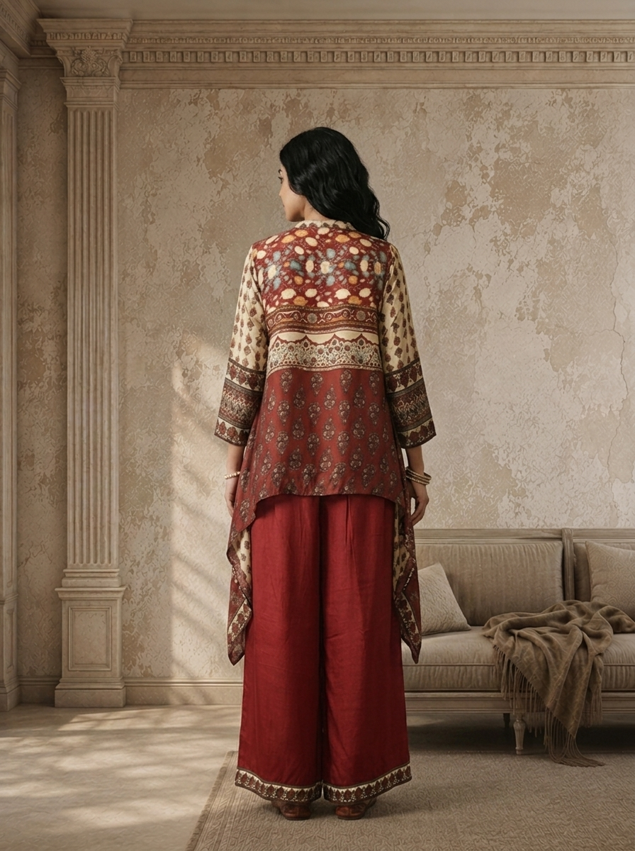 Brown Crepe Mughal Printed Two Piece Set