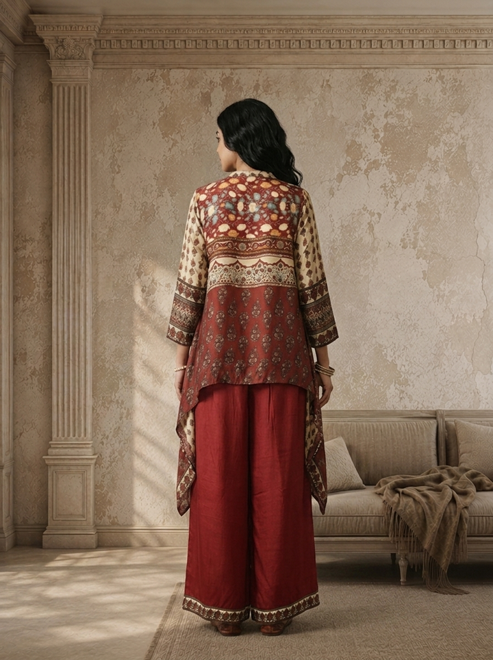Brown Crepe Mughal Printed Two Piece Set