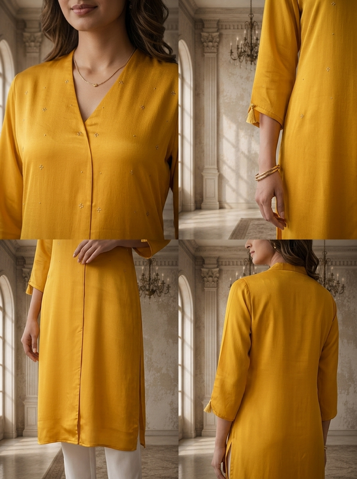 Mustard Rayon Solid Angrakha Kurta With Mid Slit