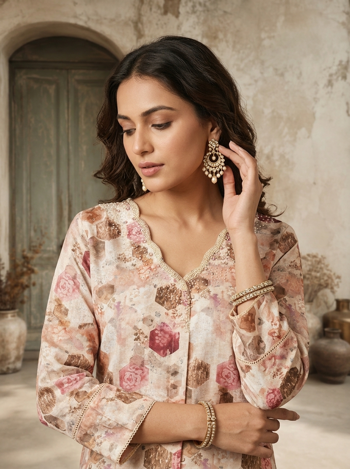 Cream Linen Hexagon Printed Kurta