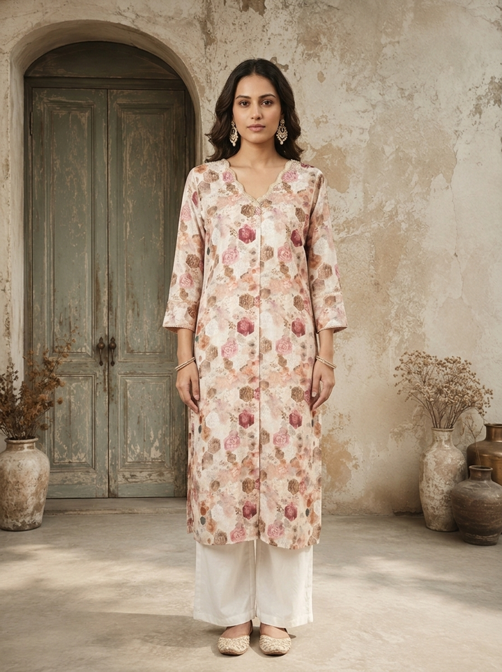Cream Linen Hexagon Printed Kurta