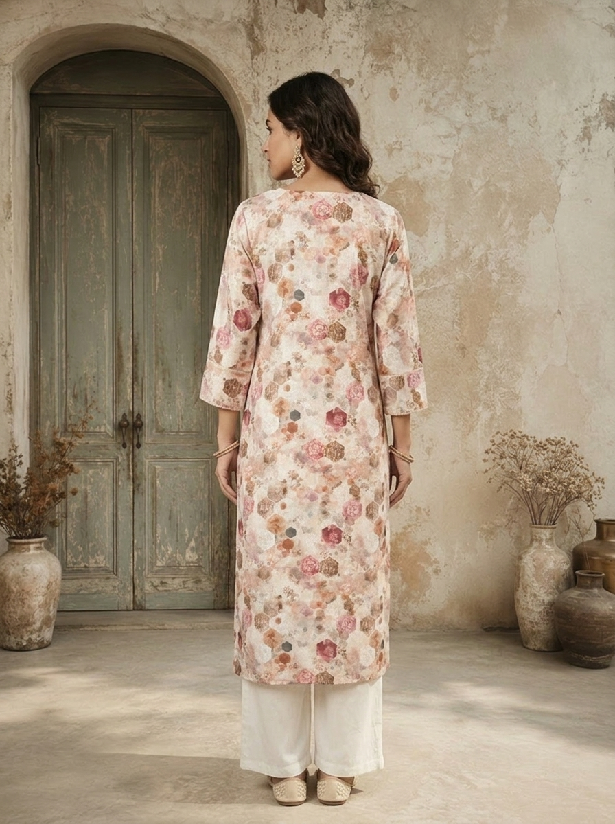 Cream Linen Hexagon Printed Kurta