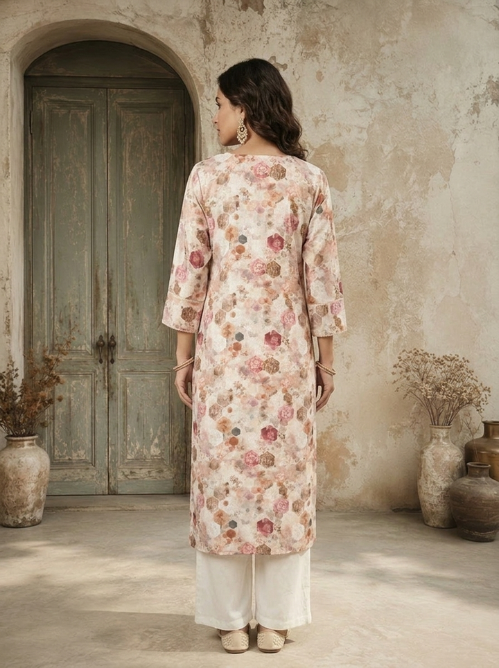 Cream Linen Hexagon Printed Kurta