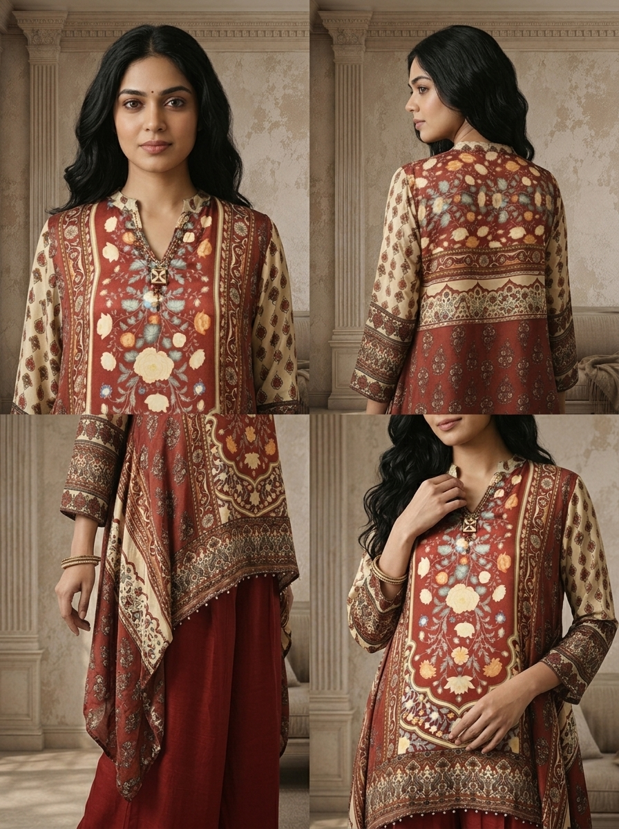 Brown Crepe Mughal Printed Two Piece Set