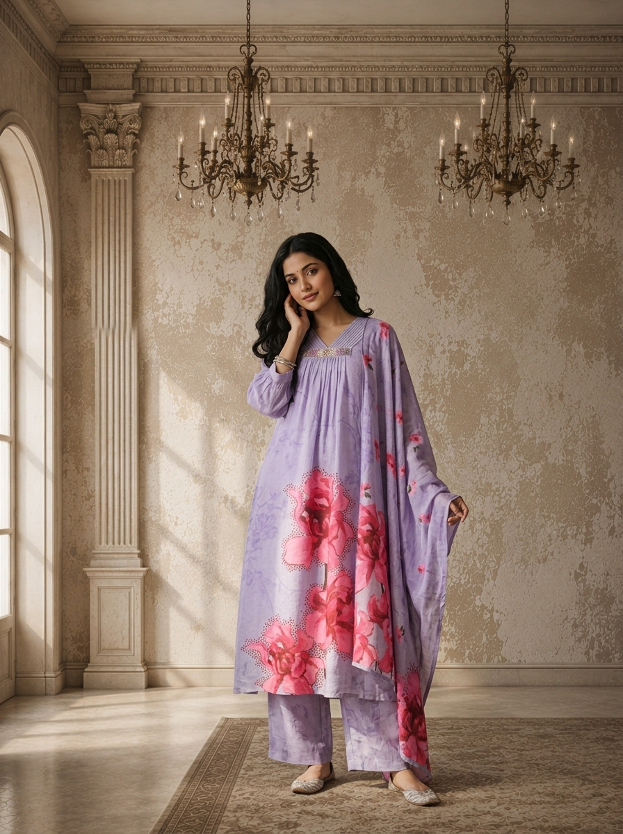 Lavender Silk Self Tone Printed Three Piece Set