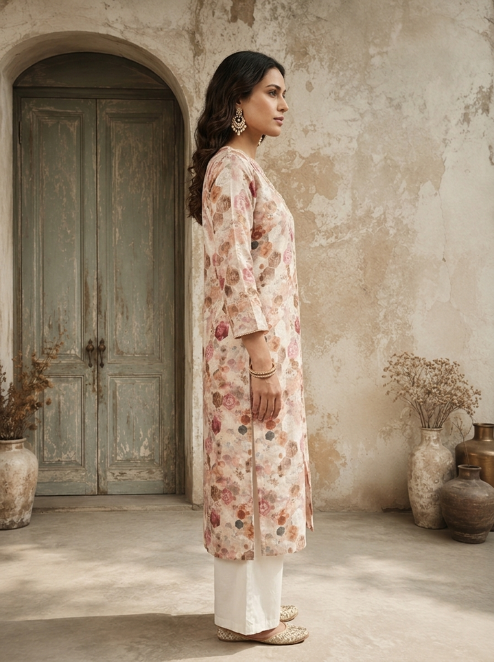 Cream Linen Hexagon Printed Kurta