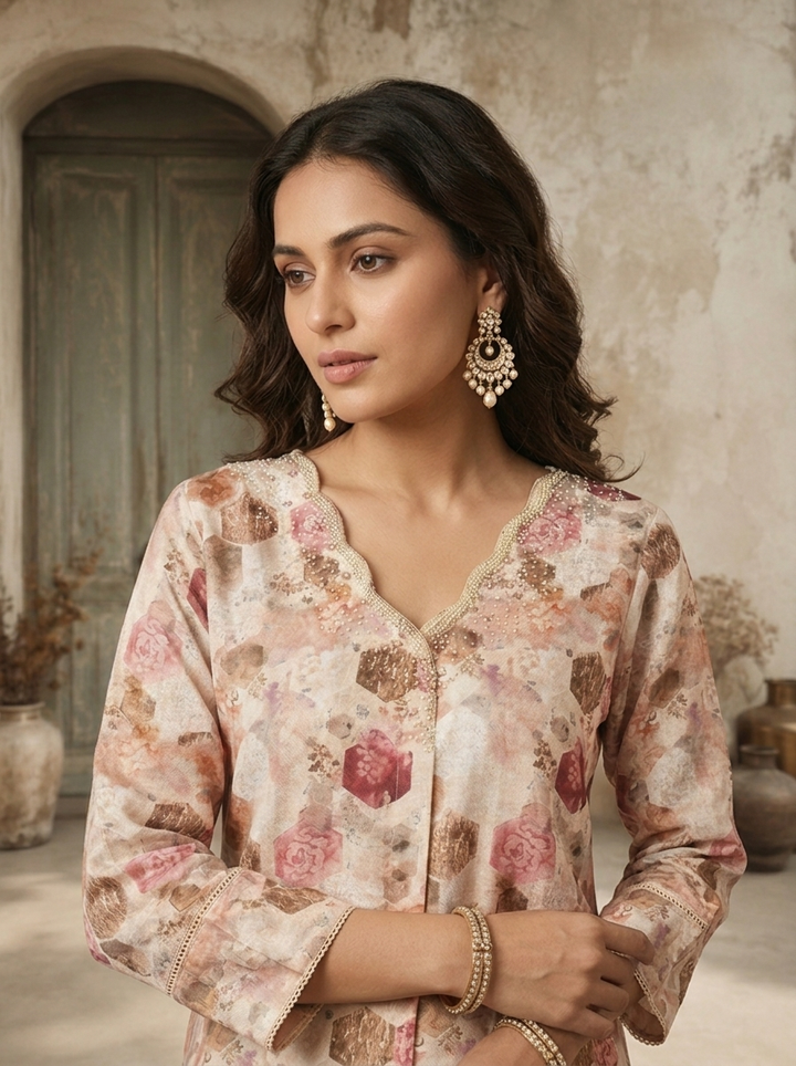 Cream Linen Hexagon Printed Kurta