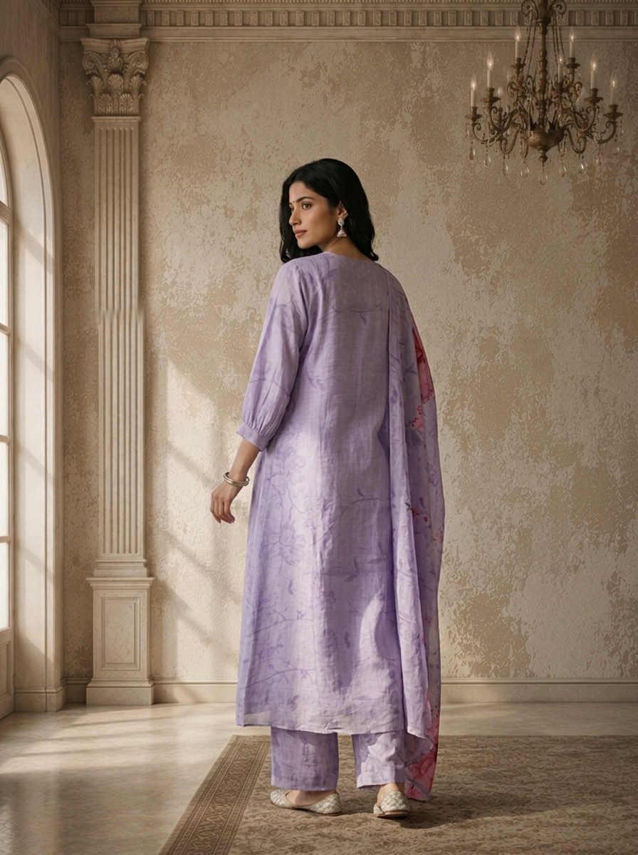 Lavender Silk Self Tone Printed Three Piece Set