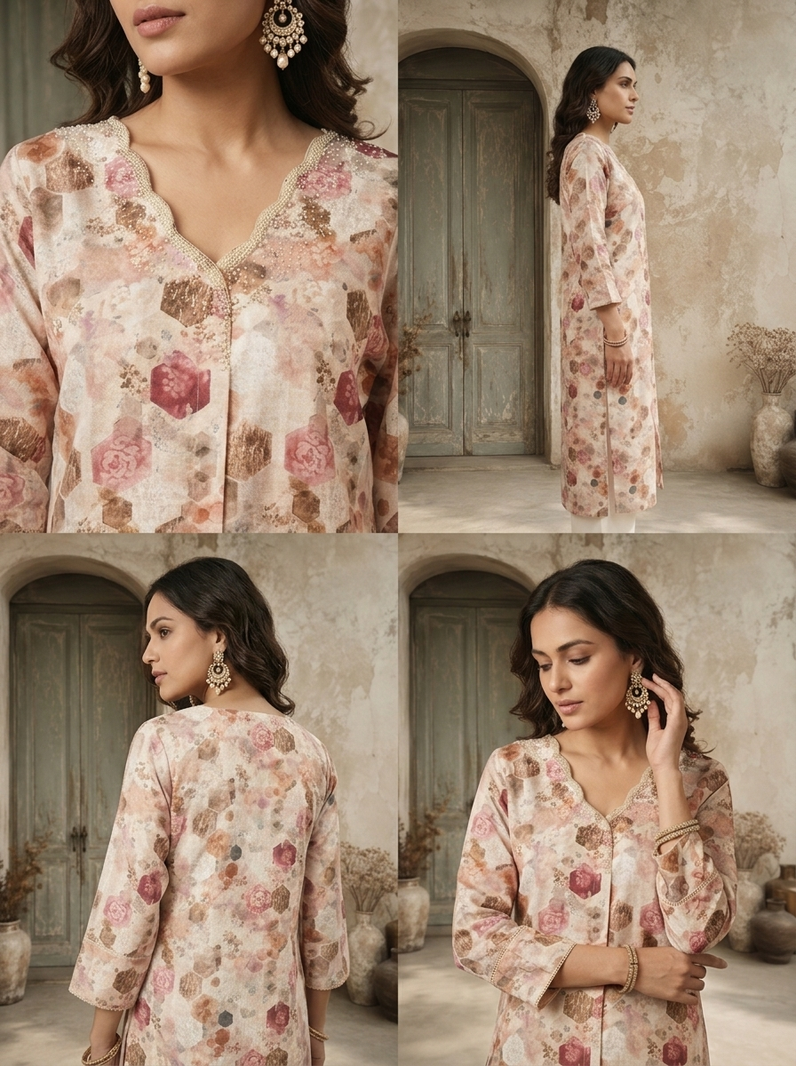 Cream Linen Hexagon Printed Kurta