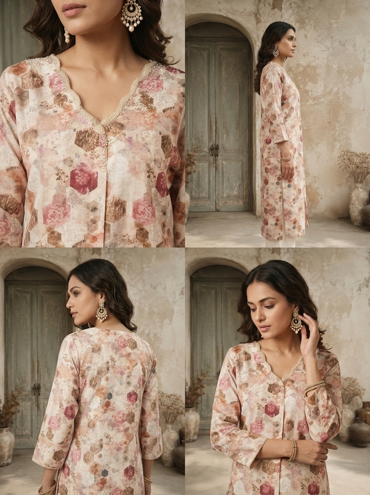 Cream Linen Hexagon Printed Kurta